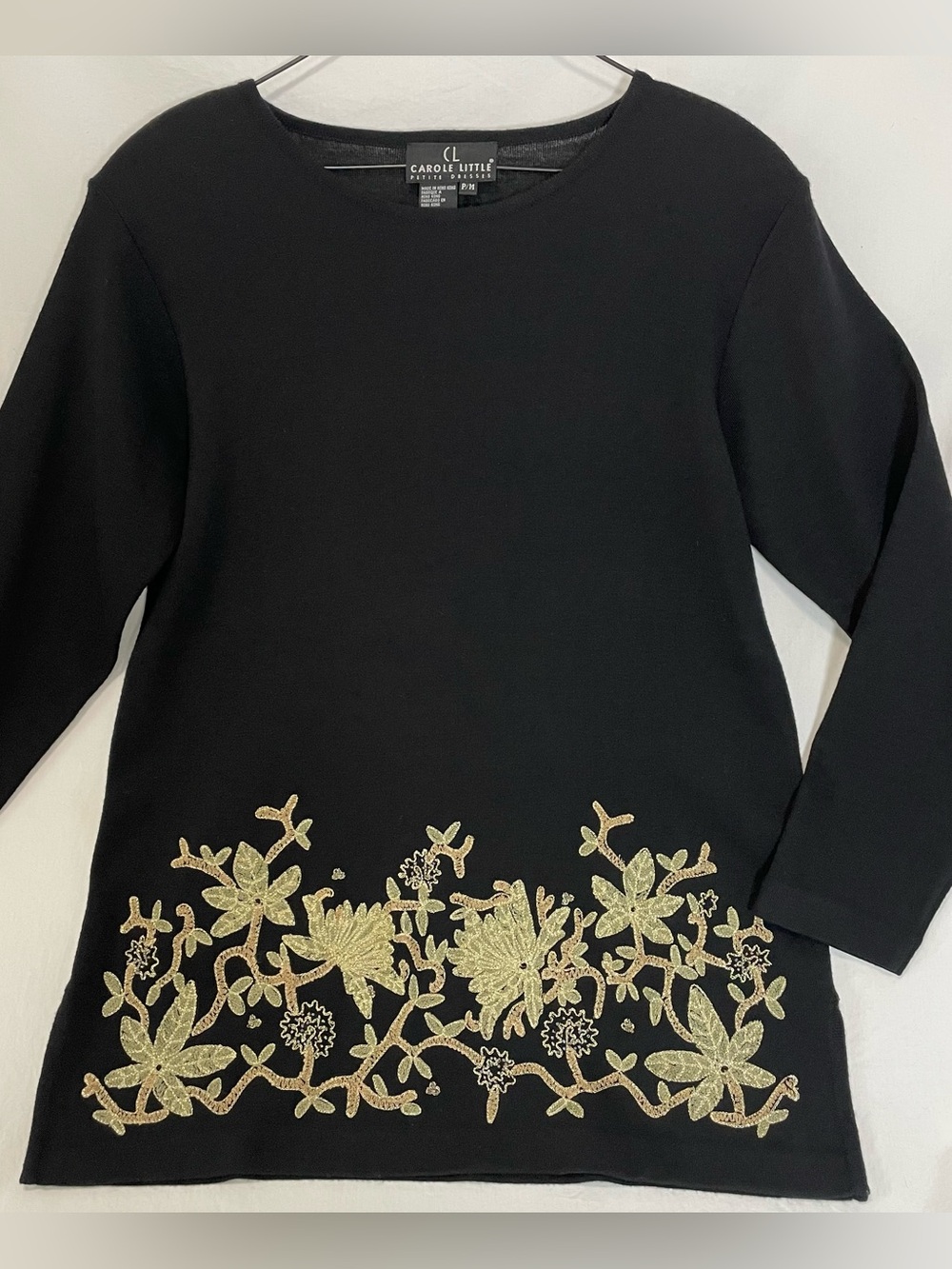 Vintage 90s Carole Little Embroidered Knit Sweater Dress Black Gold Petite Med